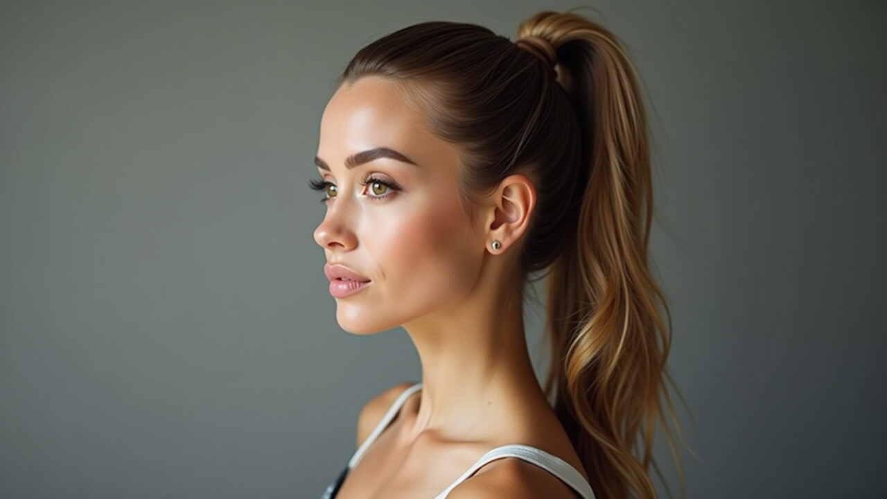 Mulher elegante com rabo de cavalo alto, efeito lifting sutil.