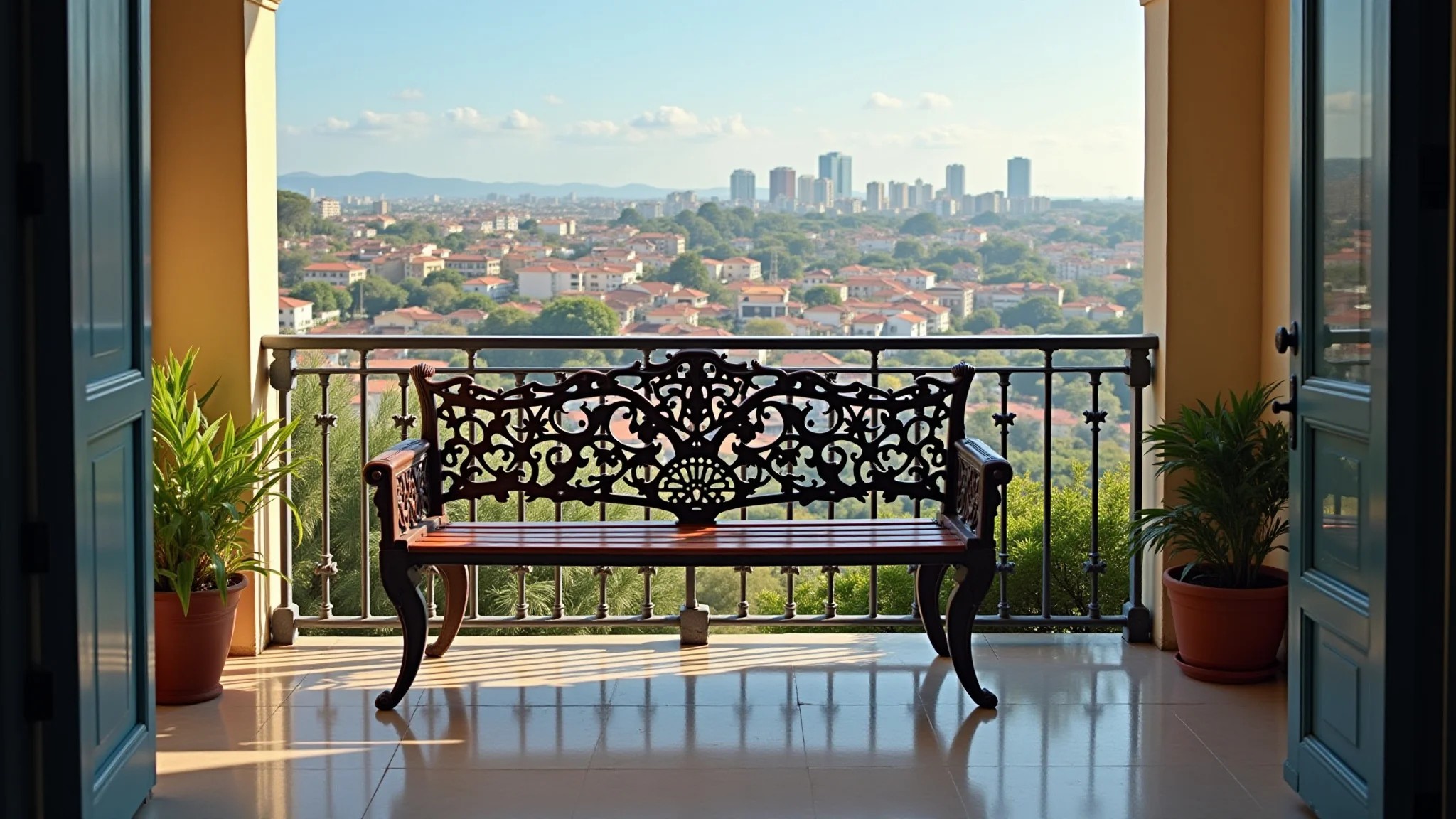 Banco de ferro elegante em varanda com vista para paisagem urbana brasileira.