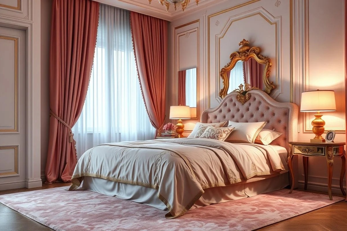 Quarto rosa e dourado luxuoso com detalhes elegantes.