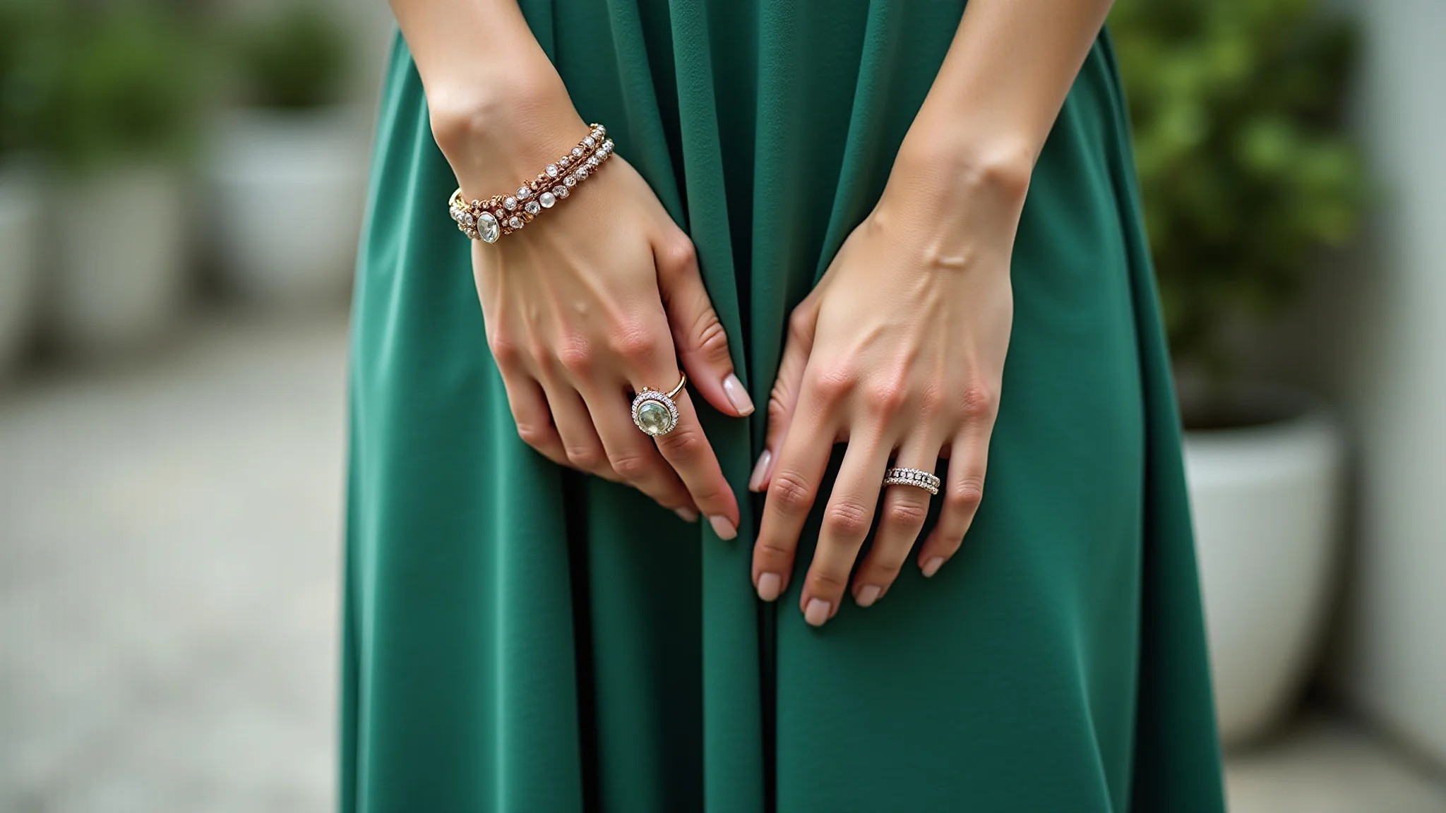 Visual elegante com vestido verde esmeralda e acessórios nude/rosê.