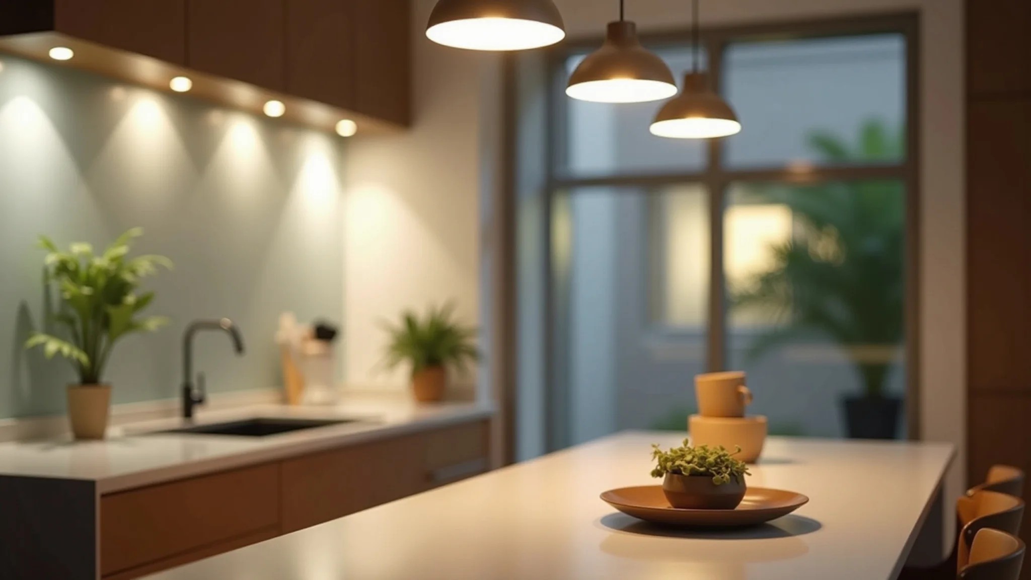 Iluminação LED eficiente na cozinha, foco nas lâmpadas, design moderno, casa brasileira.