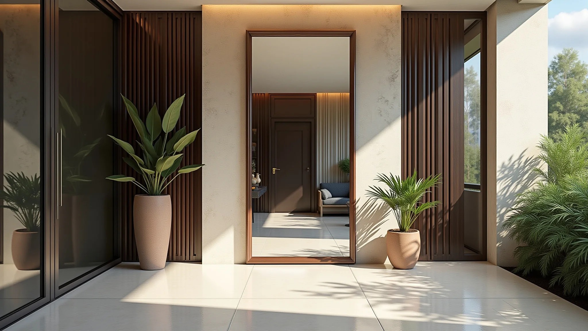 Hall de entrada com espelho grande, design brasileiro, plantas e iluminação clara.