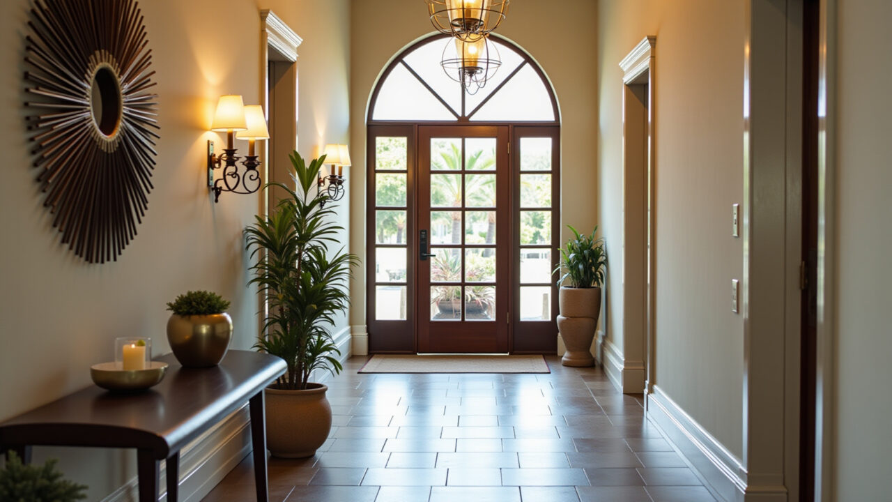 Hall de entrada com espelho decorativo, criando um ambiente acolhedor.