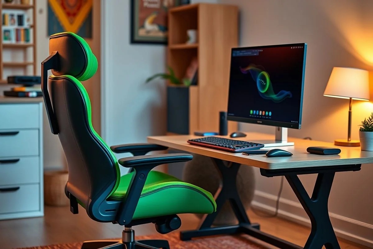 Cadeira ergonômica e teclado confortável em home office brasileiro.