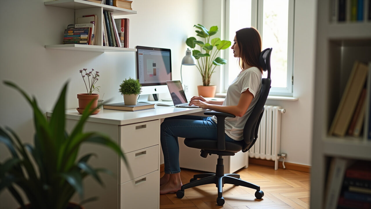 Cadeira ergonômica em home office pequeno para conforto e postura.