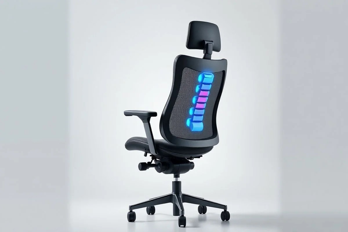 Cadeira ergonômica com suporte lombar ajustável para postura correta no trabalho.