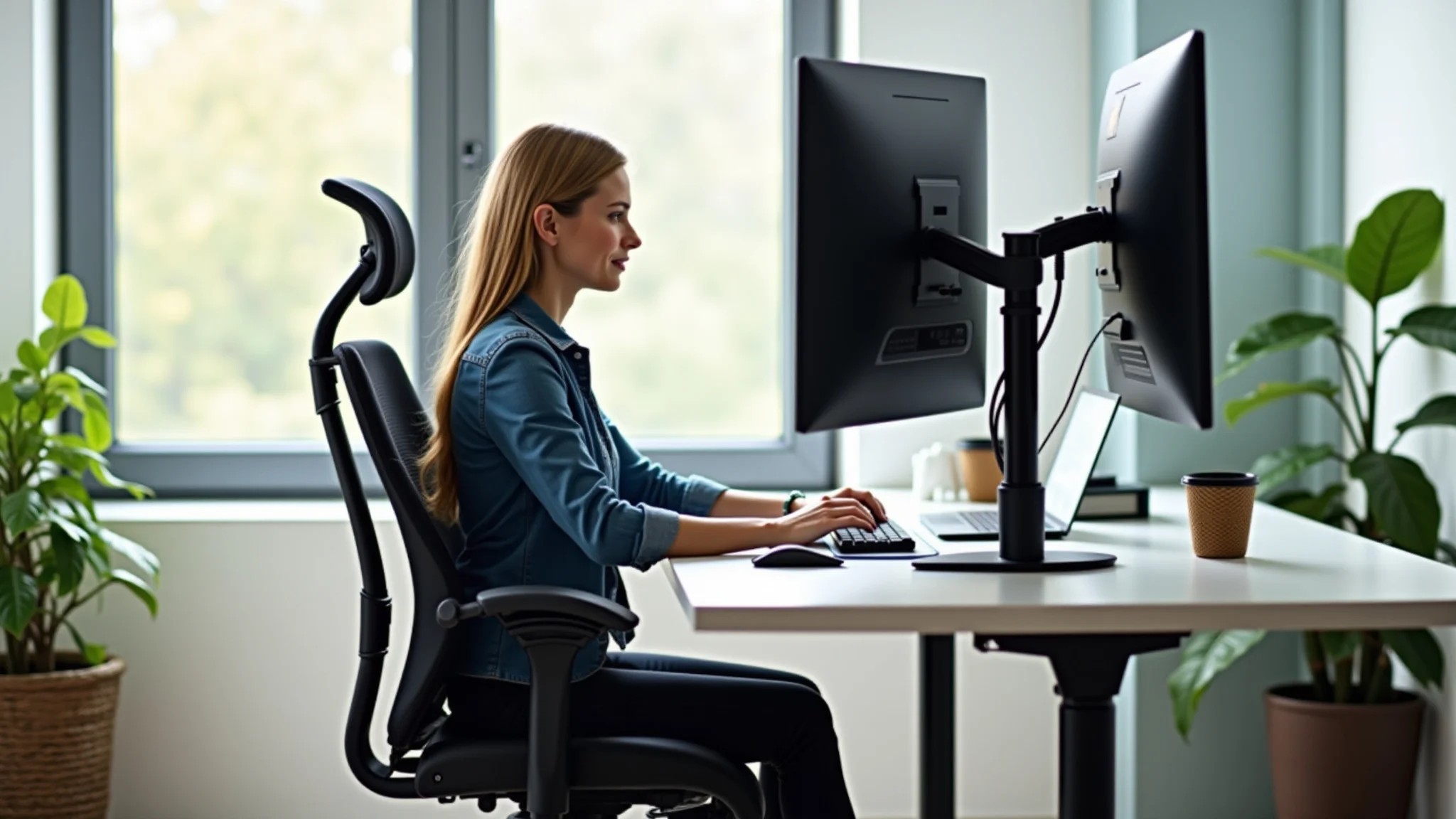 Configuração ergonômica de escritório com mesa ajustável.