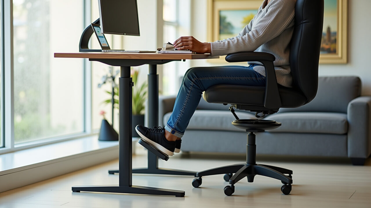 Configuração ergonômica de escritório com cadeira ajustável e apoio para os pés.
