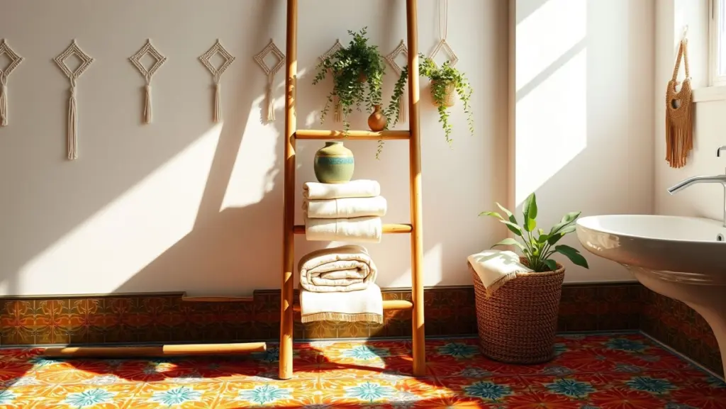 Escada Decorativa Multifuncional: Toalhas e Plantas em Harmonia