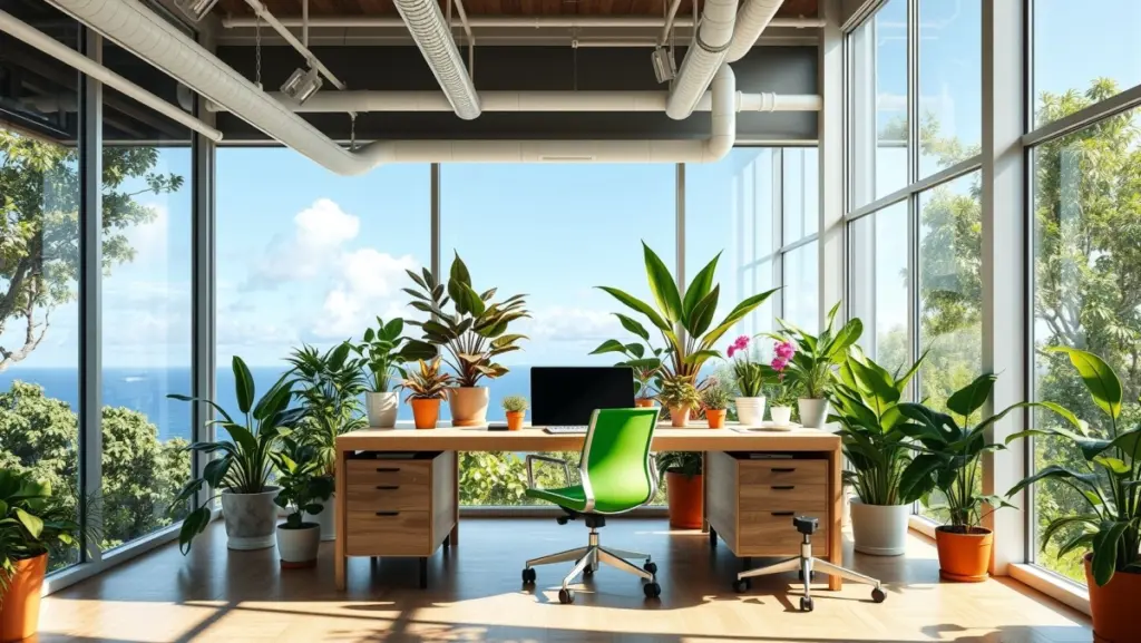 Escritório com Eletroduto Aparente: Integração com a Natureza e Biofilia