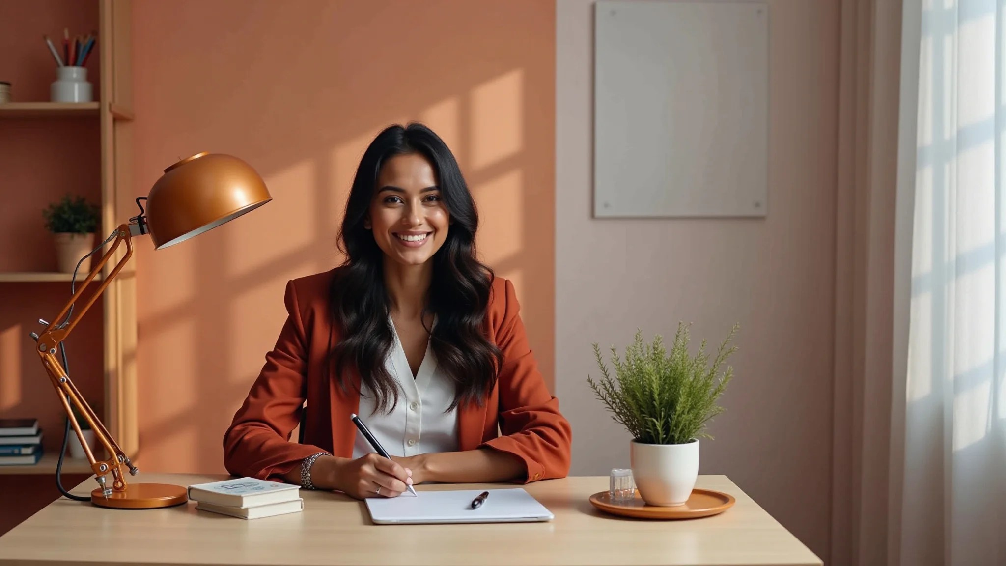 Home office feminino colorido e organizado, com mulher negra trabalhando.