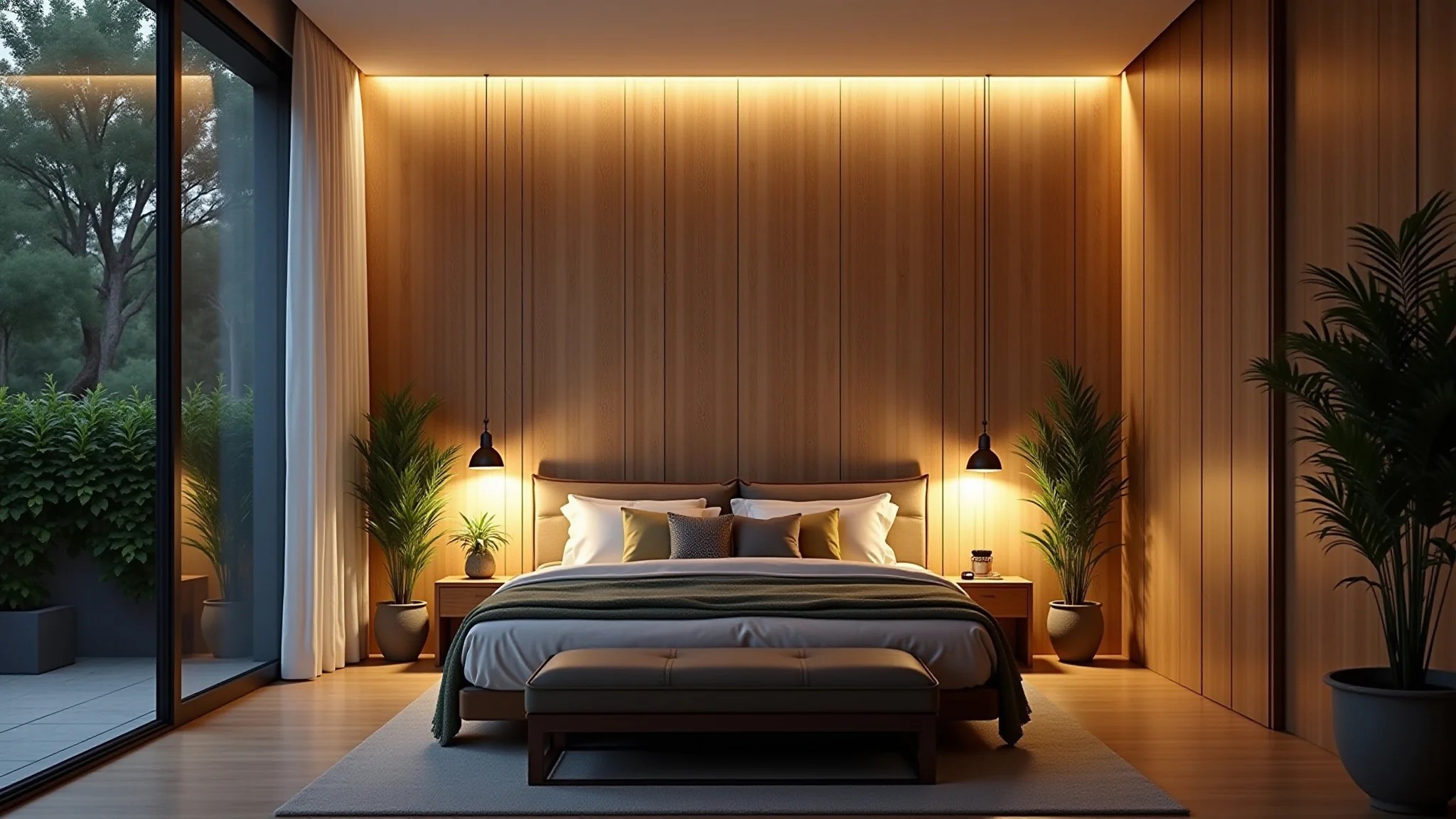 Quarto com espelho iluminado por LED e plantas.