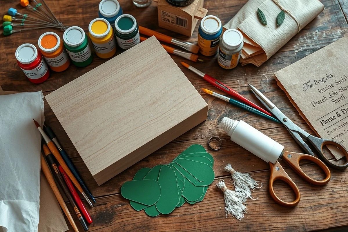 Materiais básicos para decoupage: caixa MDF, tinta, pincéis, cola, tesoura, lixa.