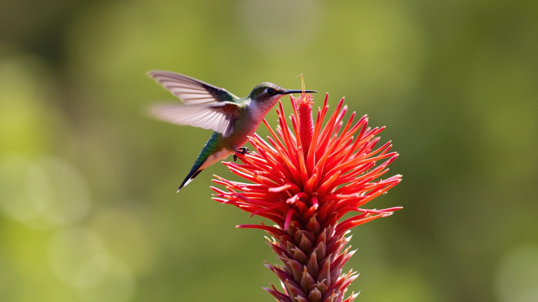 Flores exóticas de Escova-de-Garrafa (Callistemon viminalis) com um beija-flor.