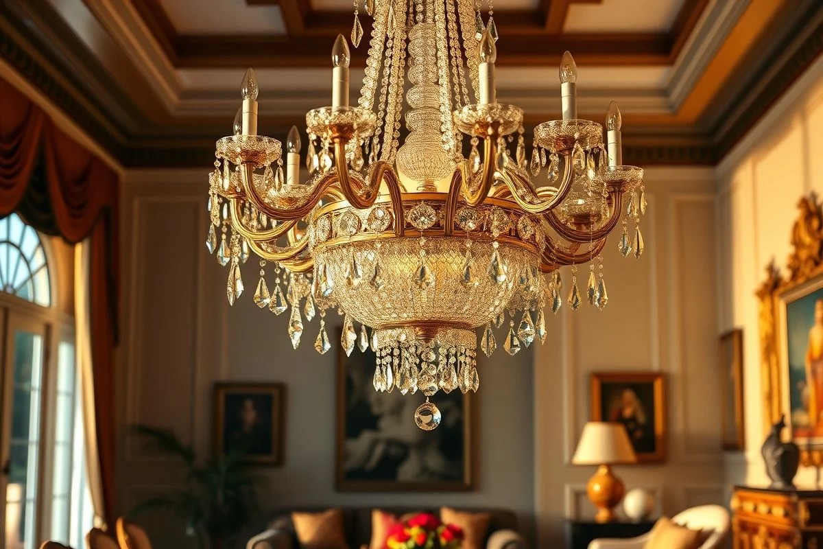 Lustre de cristal iluminando sala de estar clássica brasileira