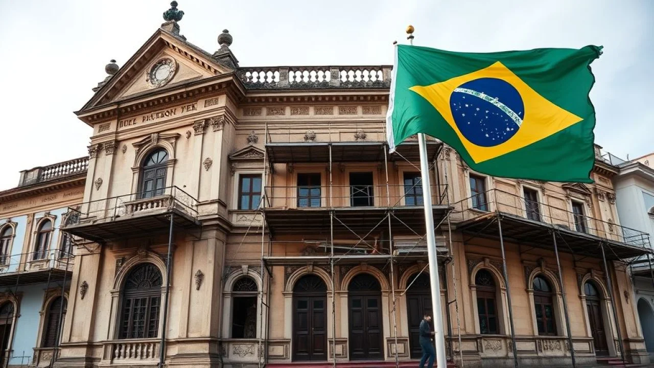 Edifício histórico brasileiro em restauração, com andaimes. Preservação do patrimônio cultural.