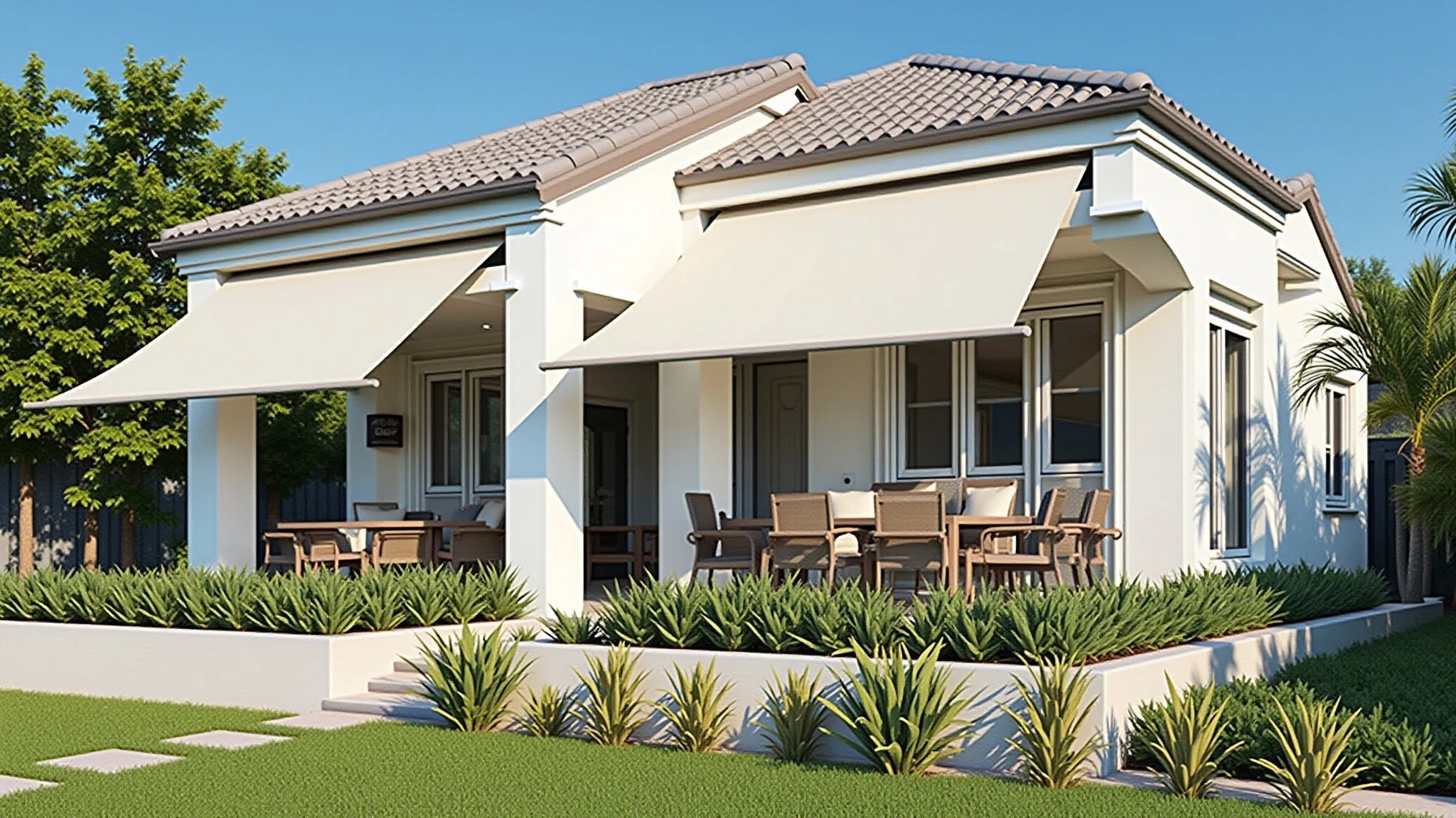 Casa com brise soleil protegendo as janelas da luz solar direta, design moderno e paisagismo tropical.