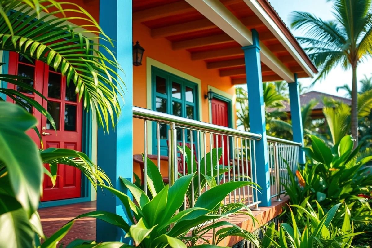 Corrimão de alumínio colorido em varanda de casa no Brasil: durabilidade e estilo