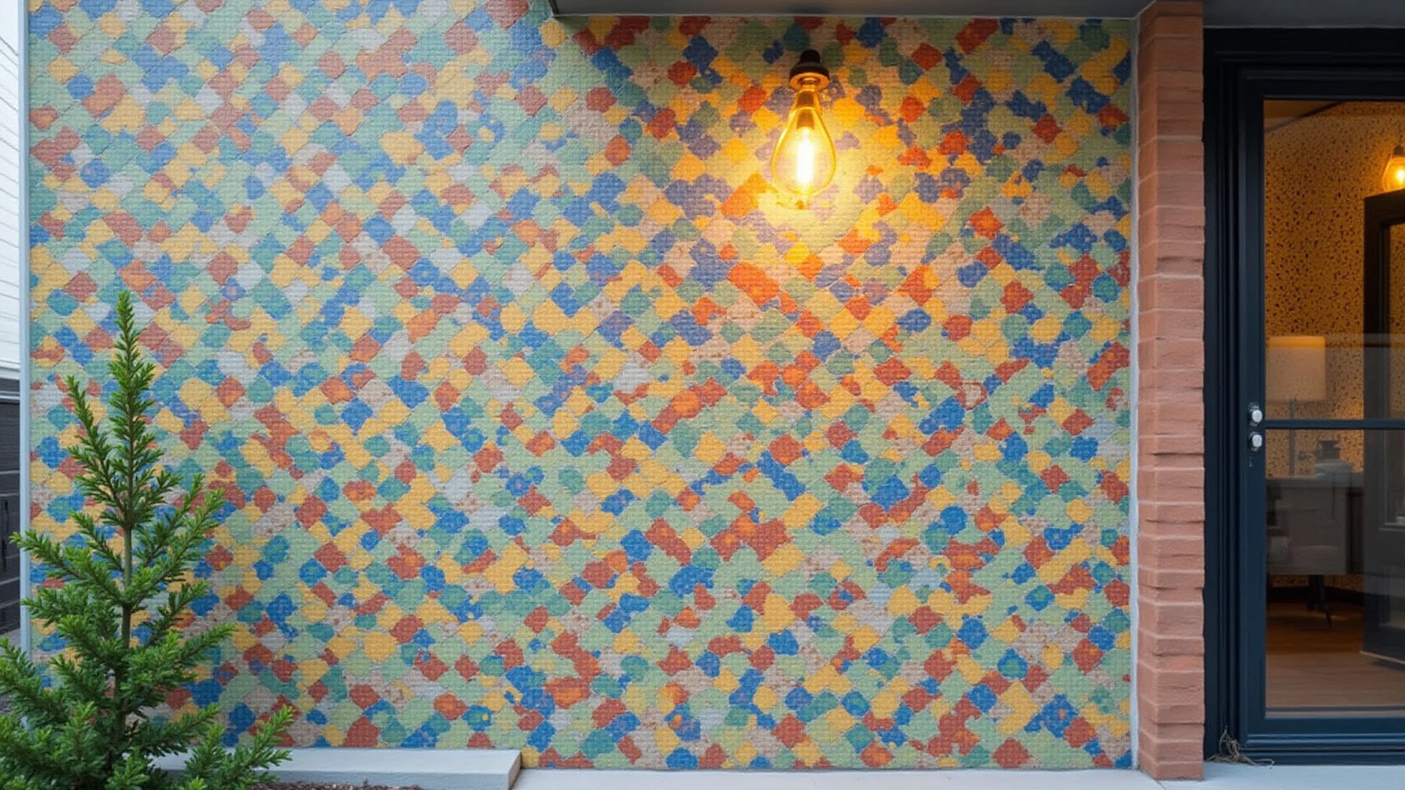 Parede externa com mosaicos de pastilhas coloridas, design criativo e econômico.