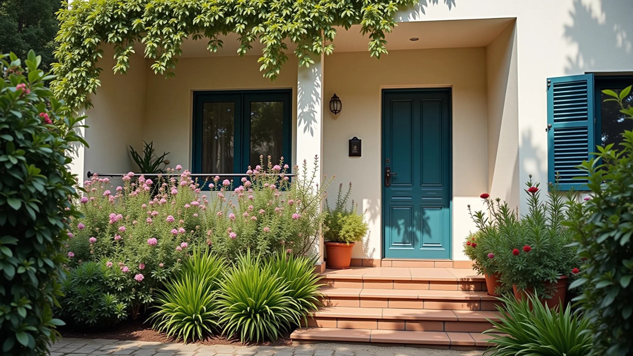 Fachada com plantas, flores e jardim bem cuidado, estilo brasileiro.