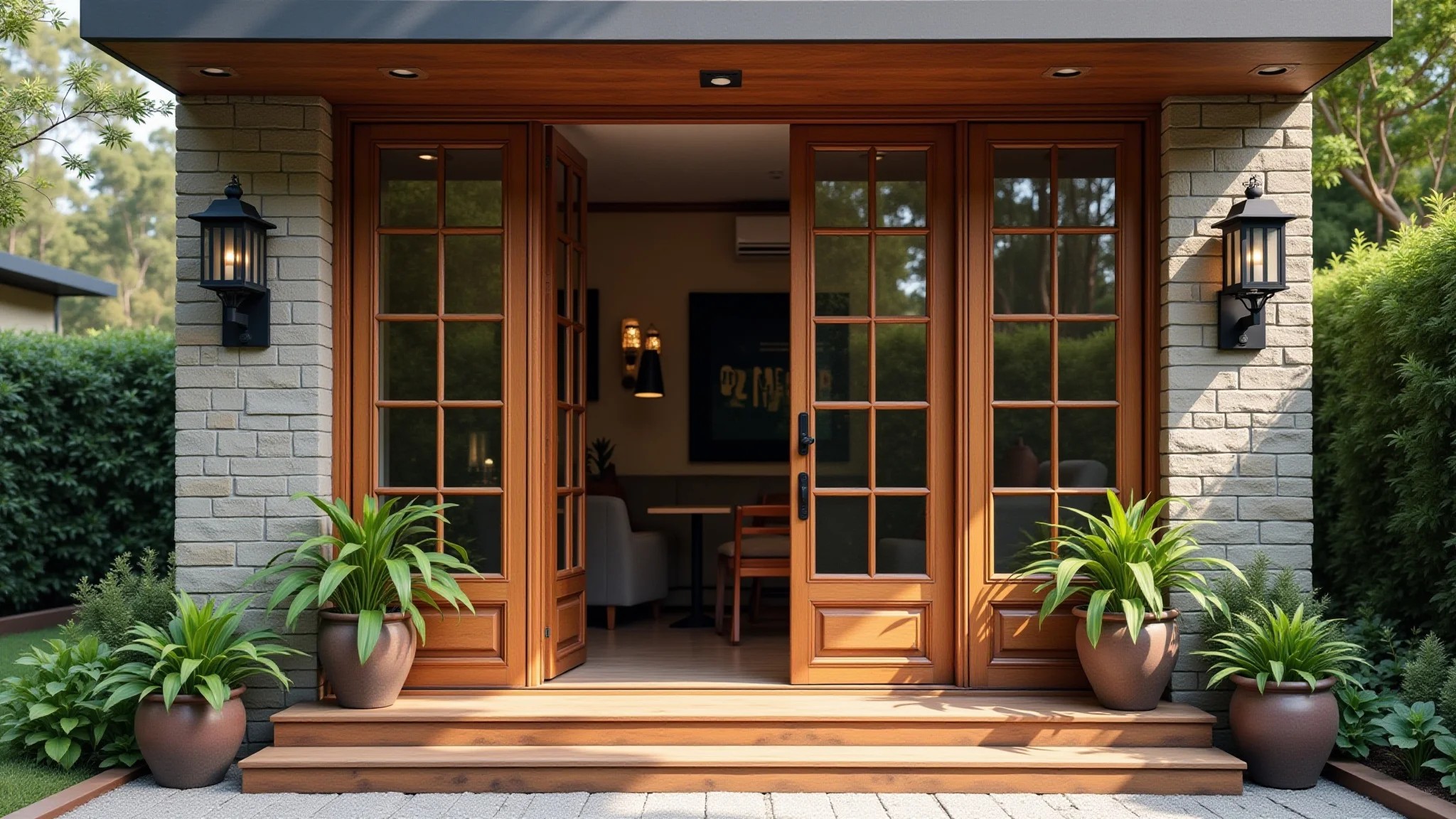 Fachada com detalhes em madeira rústica, design brasileiro e plantas.
