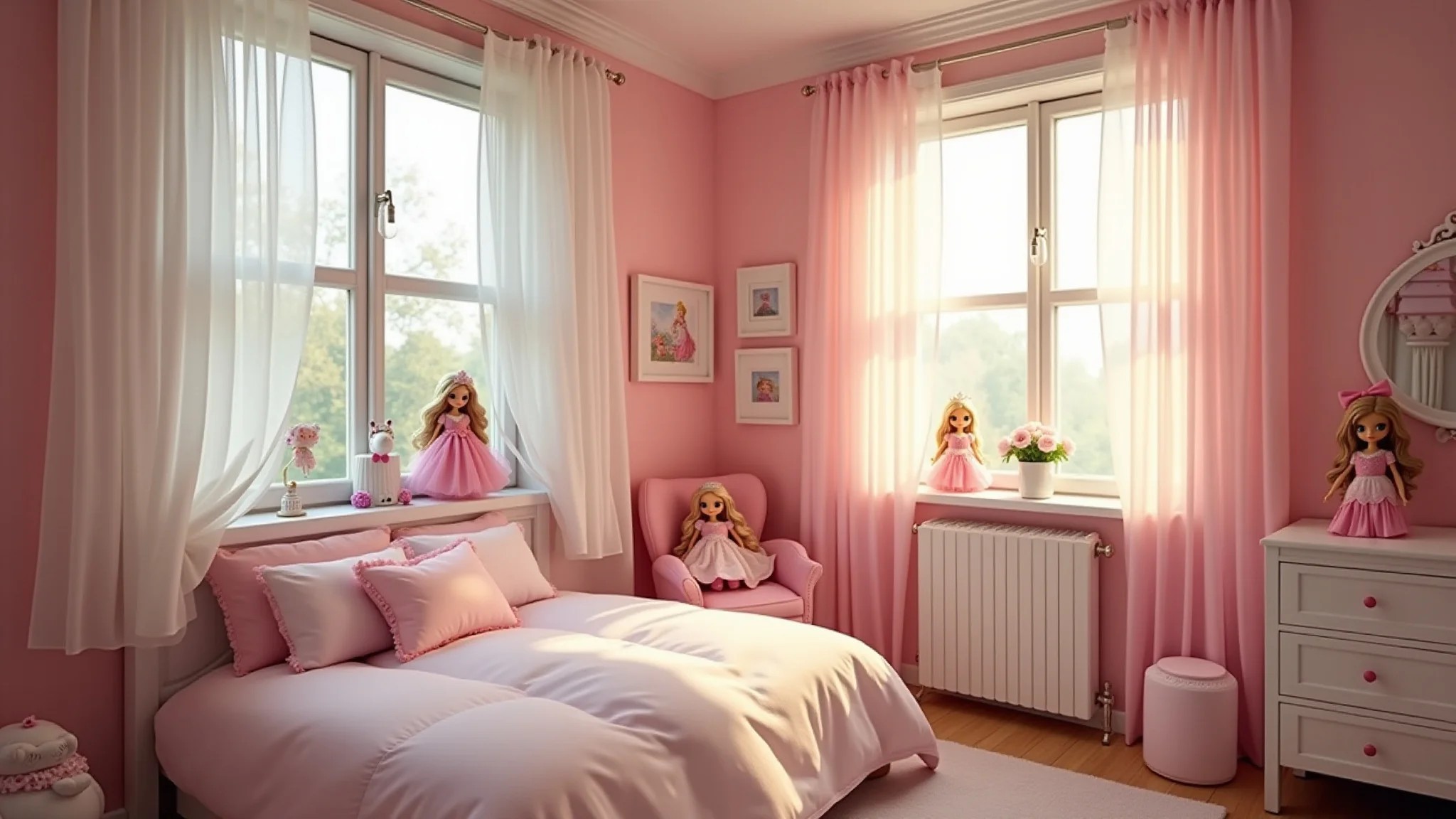 Quarto de menina com tema de conto de fadas, cores rosa e branco, cortinas de tule e bonecas de princesa.