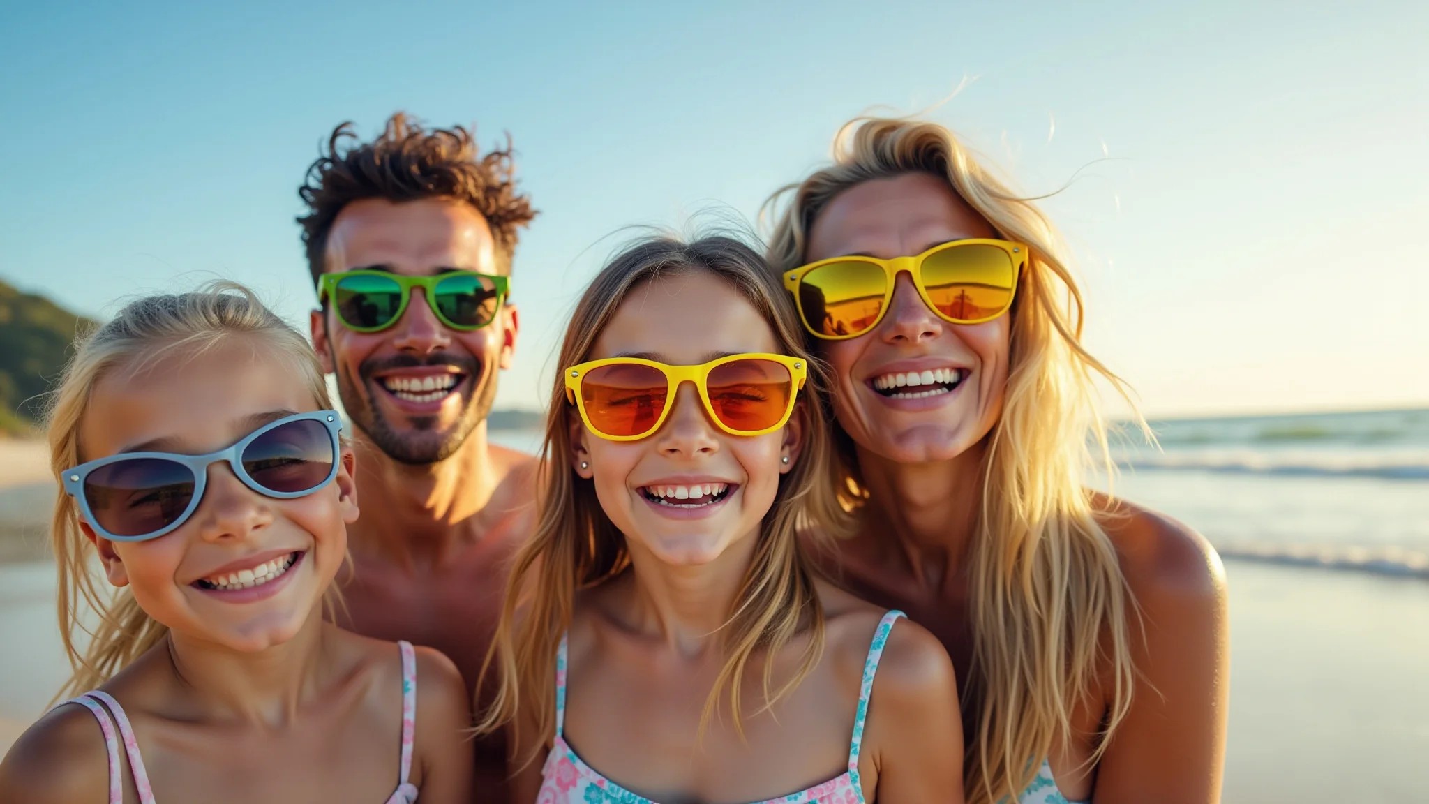 Família feliz e protegida curtindo um dia de praia.