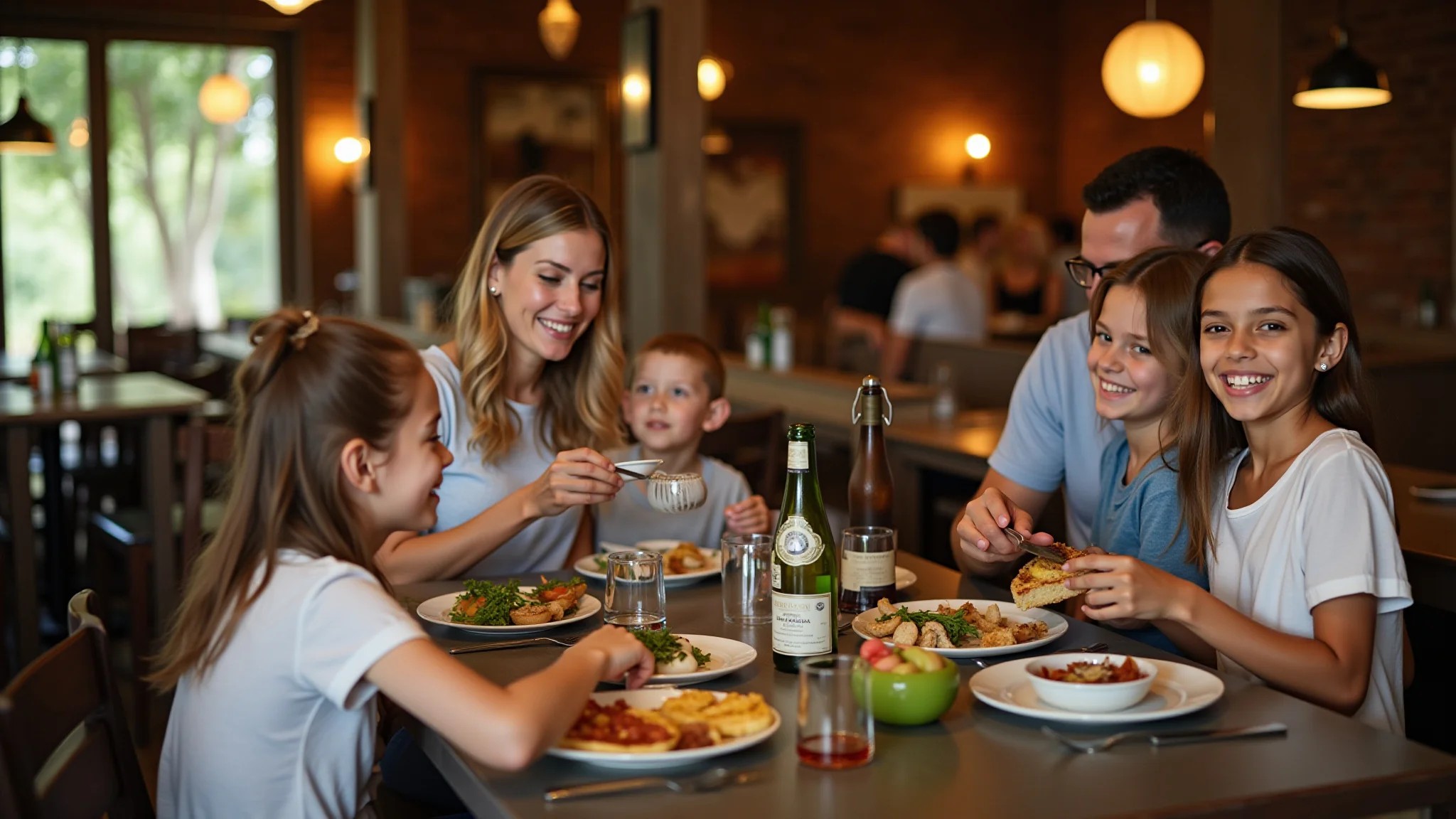 Família saboreando comida caseira em restaurante rústico em Bonito.