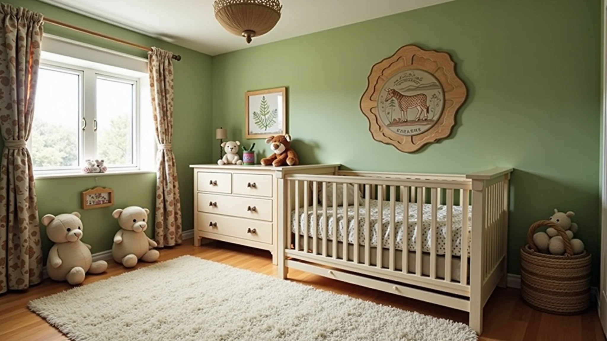 Quarto de bebê com tema de animais da fazenda, cores verde e marrom, pelúcias de animais.