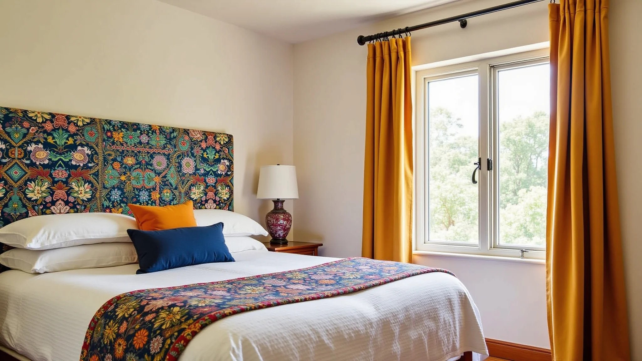 Quarto estilo Farm Rio com cabeceira estofada colorida e design vibrante.