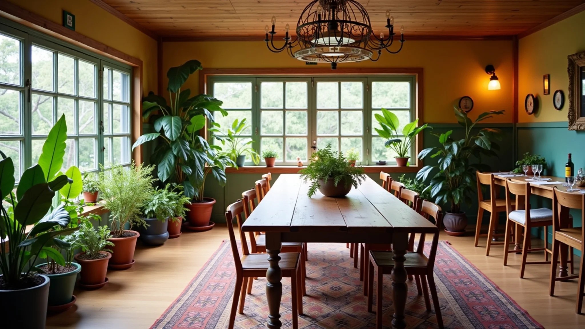 Mesa de jantar grande em estilo Farm Rio, cadeiras diferentes, cores vibrantes e plantas brasileiras.