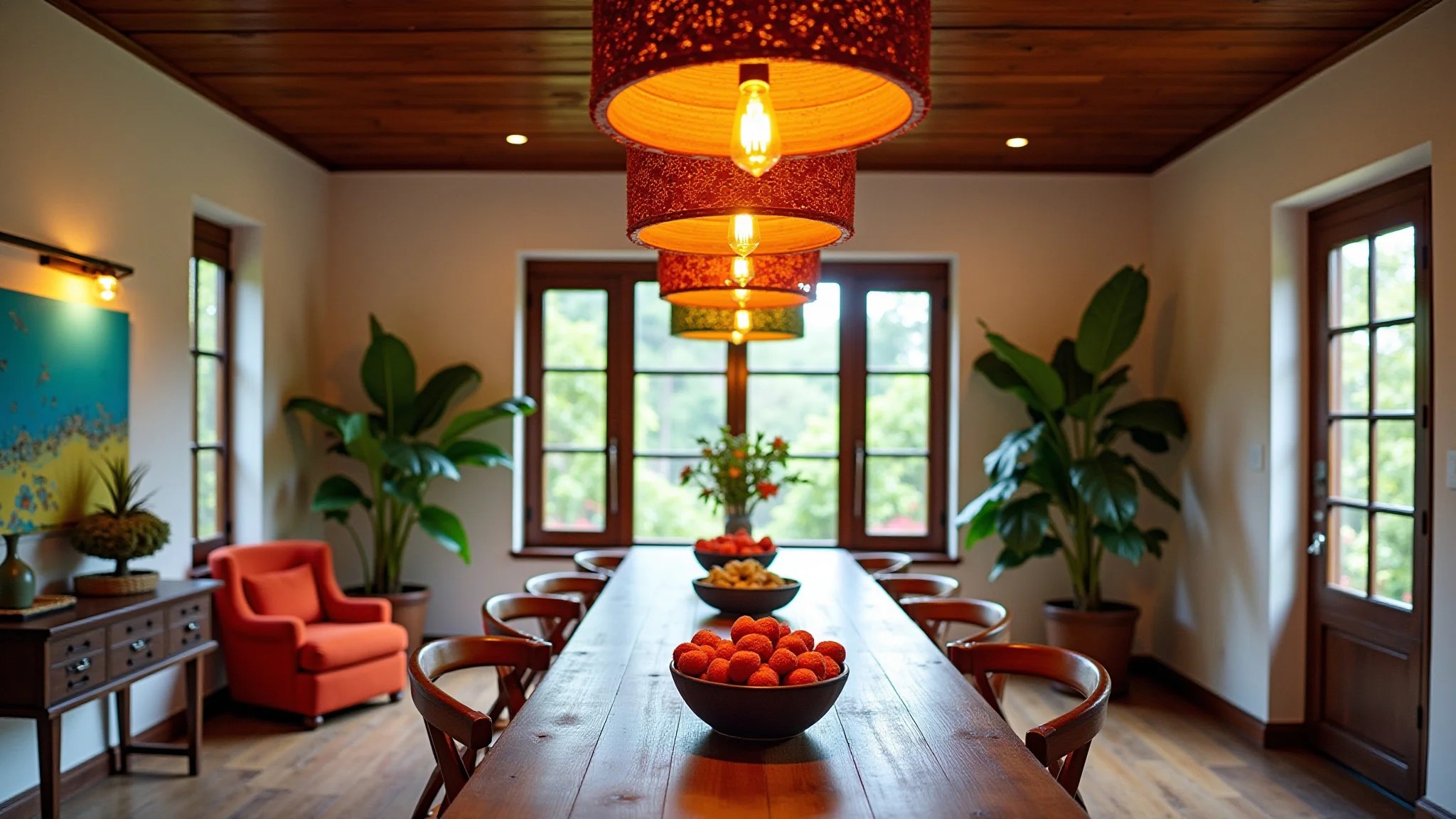 Sala de jantar estilo Farm Rio com luminárias pendentes de madeira colorida sobre a mesa.