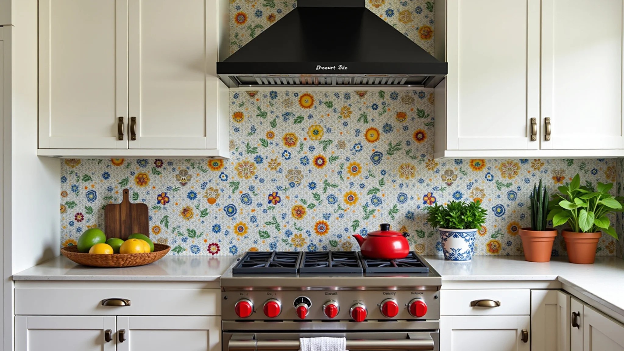 Cozinha estilo Farm Rio com adesivos de azulejo vibrantes no backsplash.