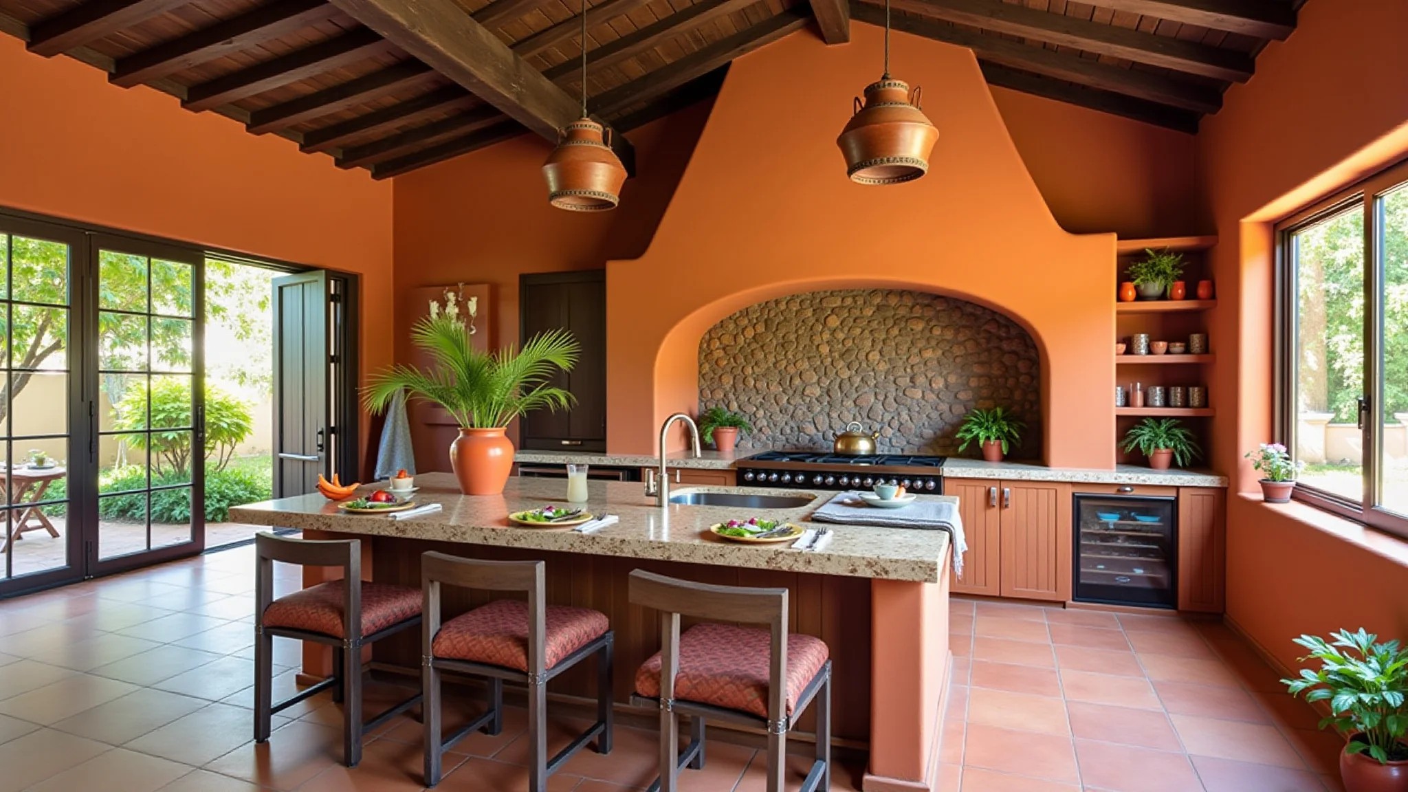 Cozinha estilo Farm Rio com paredes vibrantes em terracota e decoração artesanal brasileira.