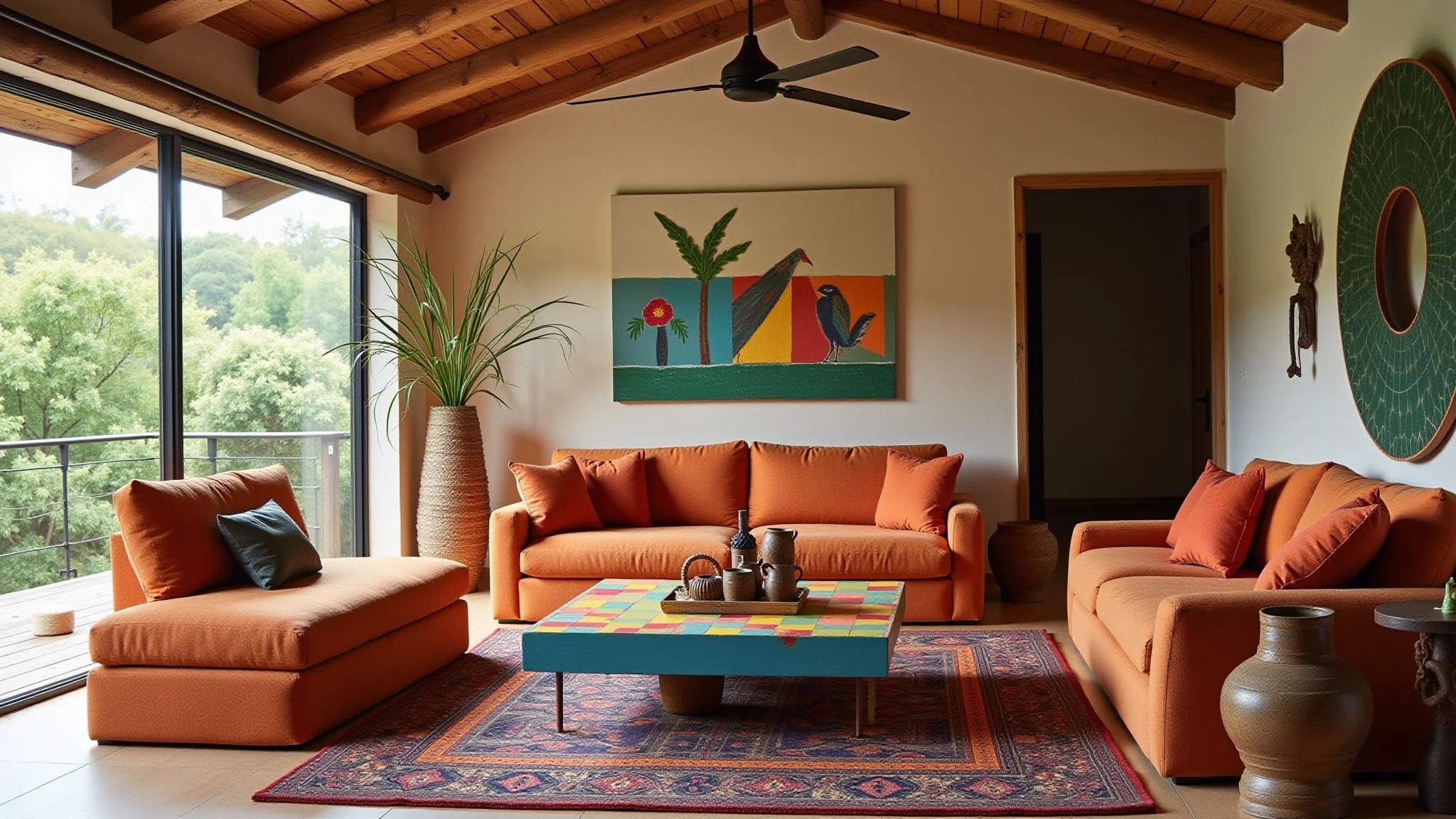 Sala estilo Farm Rio com mesa de centro colorida e artesanato brasileiro.