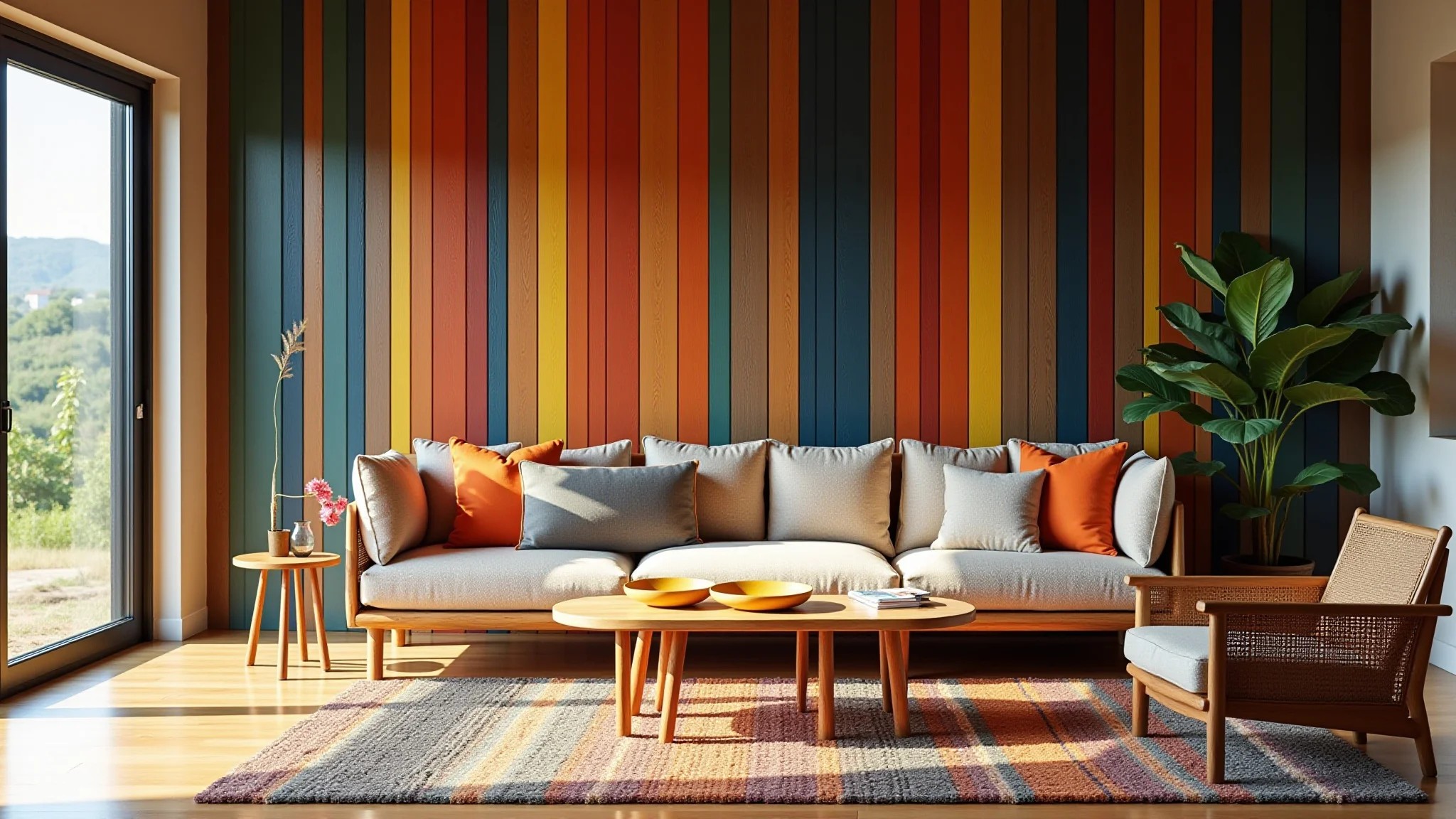 Sala estilo Farm Rio com parede ripada colorida, decoração vibrante e artesanato brasileiro.
