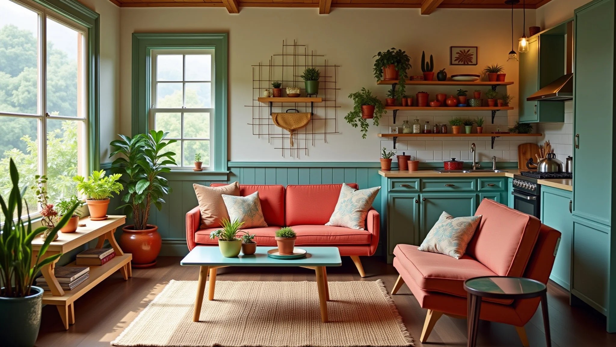 Sala e cozinha americana estilo Farm Rio, muitas plantas e móveis coloridos.