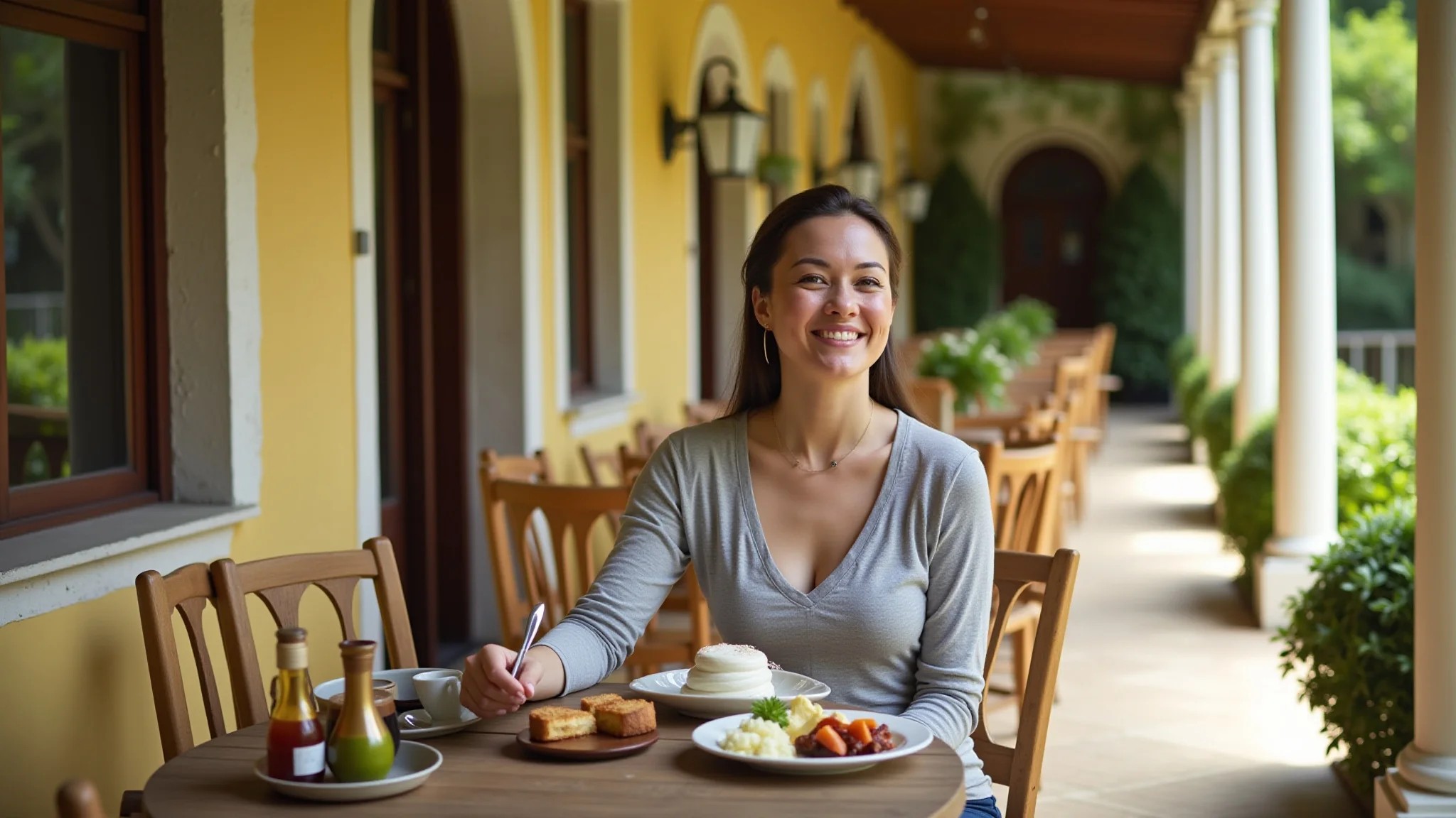 Mulher tomando café da manhã ao ar livre na Fazenda Capoava, Itu.