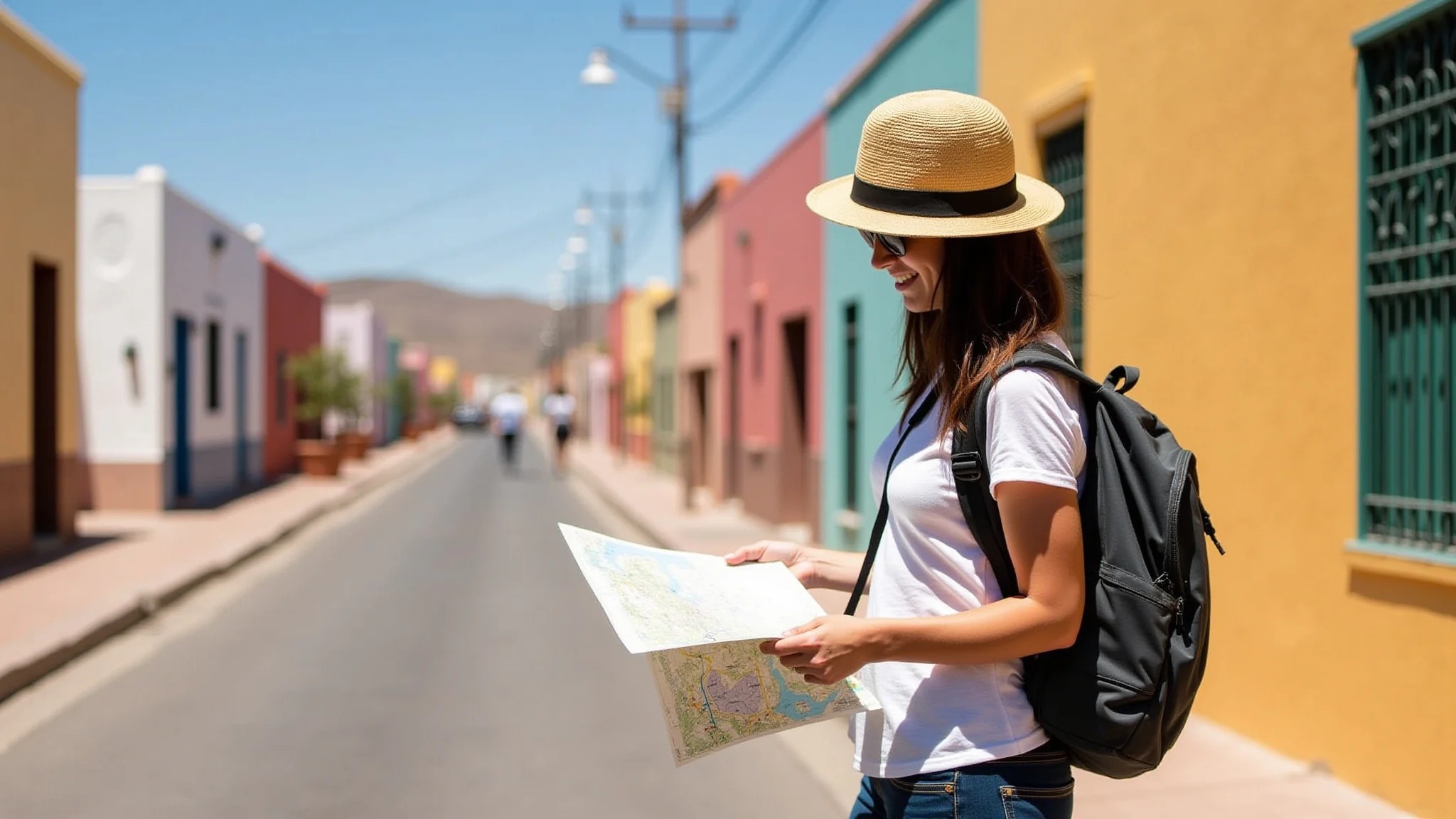 Viajante checando mapa em San Pedro de Atacama, rua vibrante, arquitetura local.