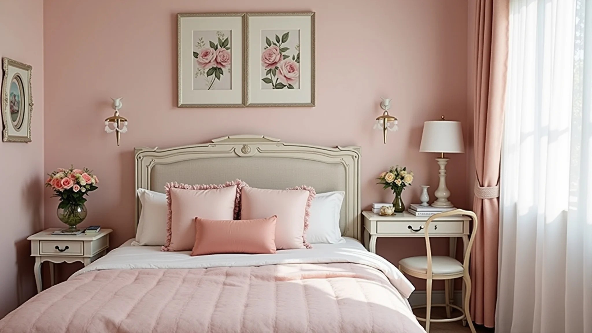 Quarto feminino e romântico com escrivaninha delicada e detalhes florais.