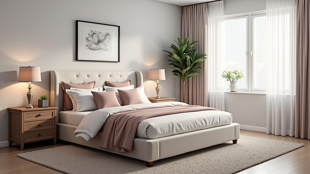 Quarto feminino com cama box e cabeceira moderna.