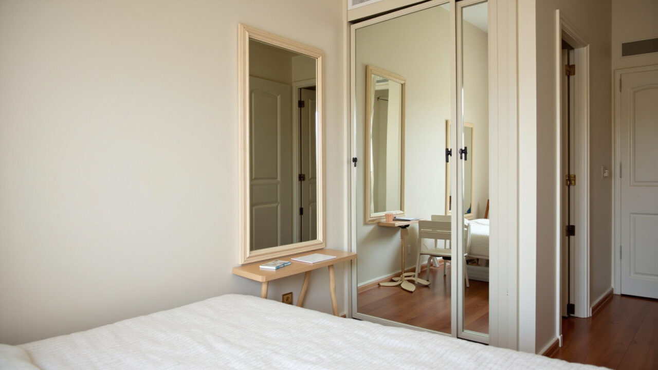 Quarto feminino com espelho grande ampliando o espaço.