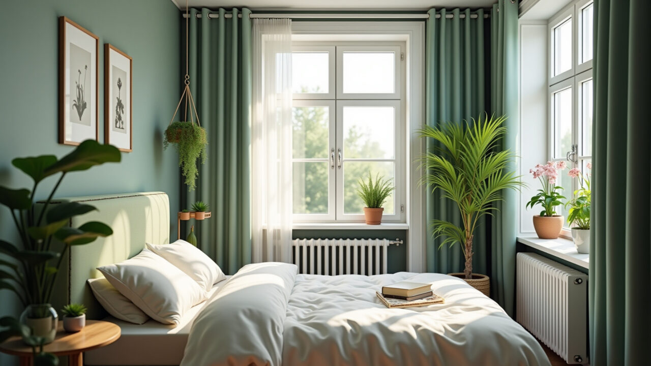 Quarto feminino decorado com plantas e iluminação natural.