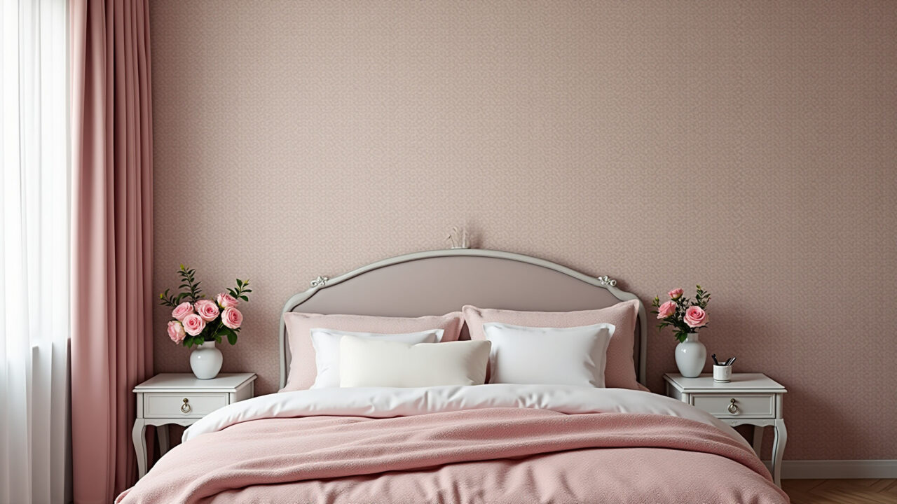 Quarto feminino com papel de parede floral e ambiente aconchegante.
