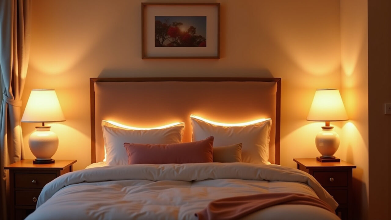 Quarto feminino com iluminação aconchegante e luzes quentes.