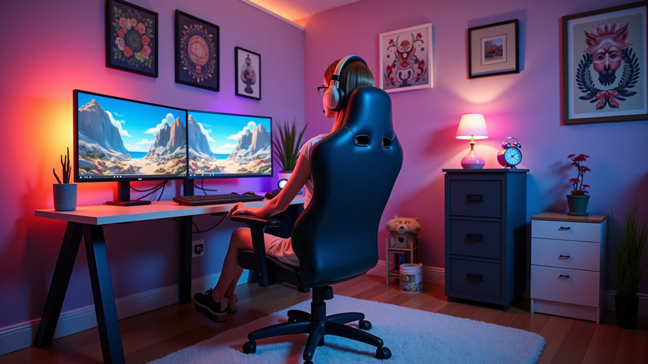 Quarto gamer feminino com cadeira confortável e luzes LED.
