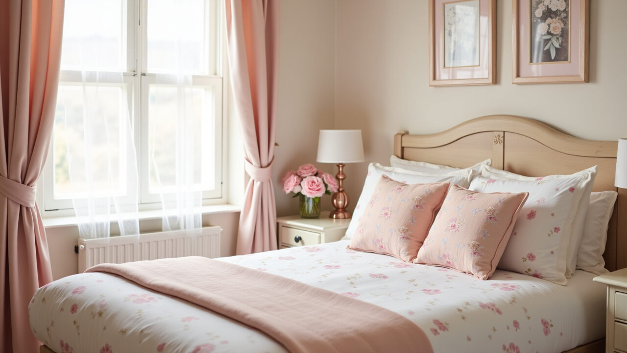 Quarto de hóspedes feminino com cores claras e estampas florais.
