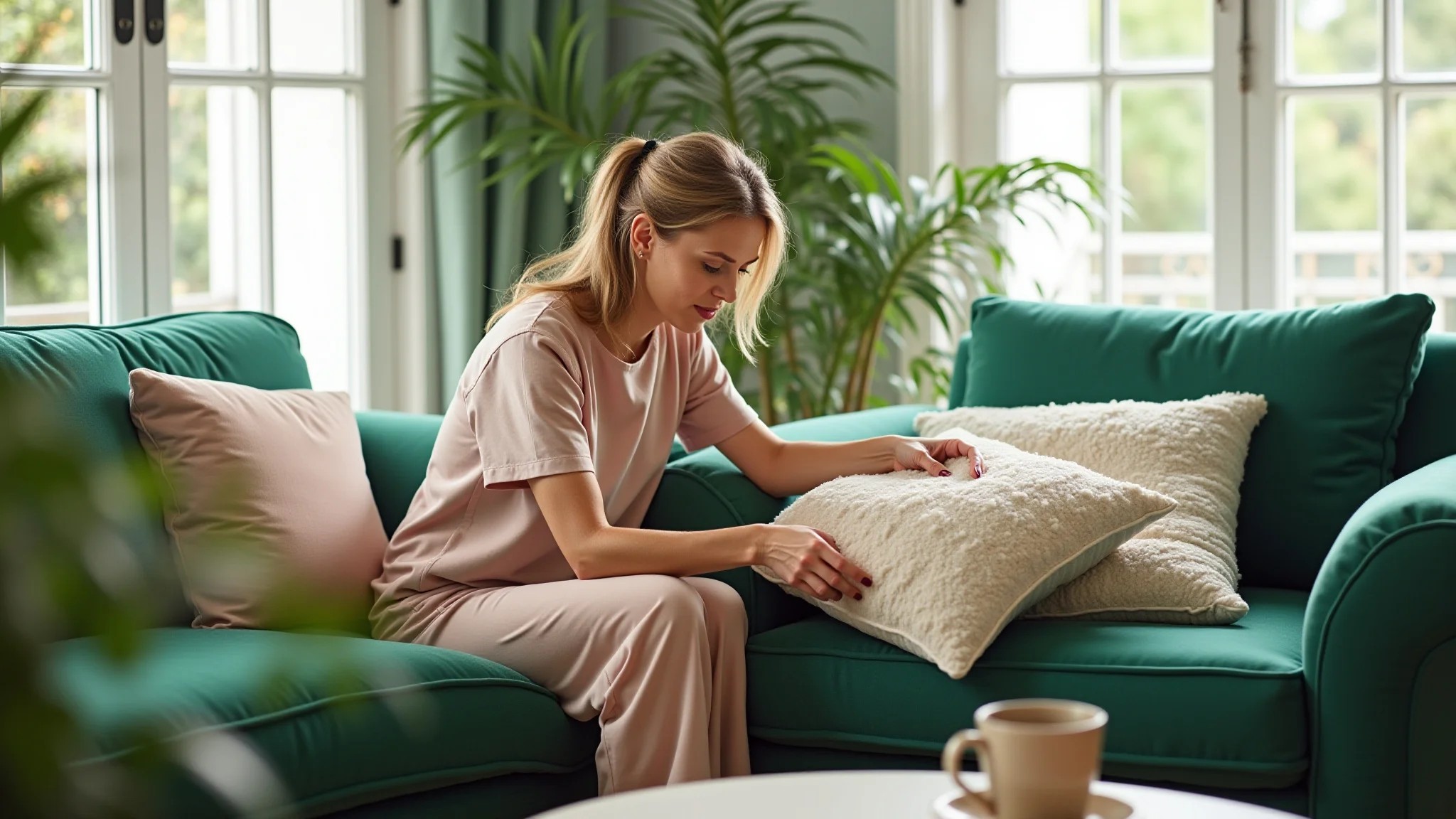 Mulher arrumando almofadas em sofá verde em sala de estar com feng shui.