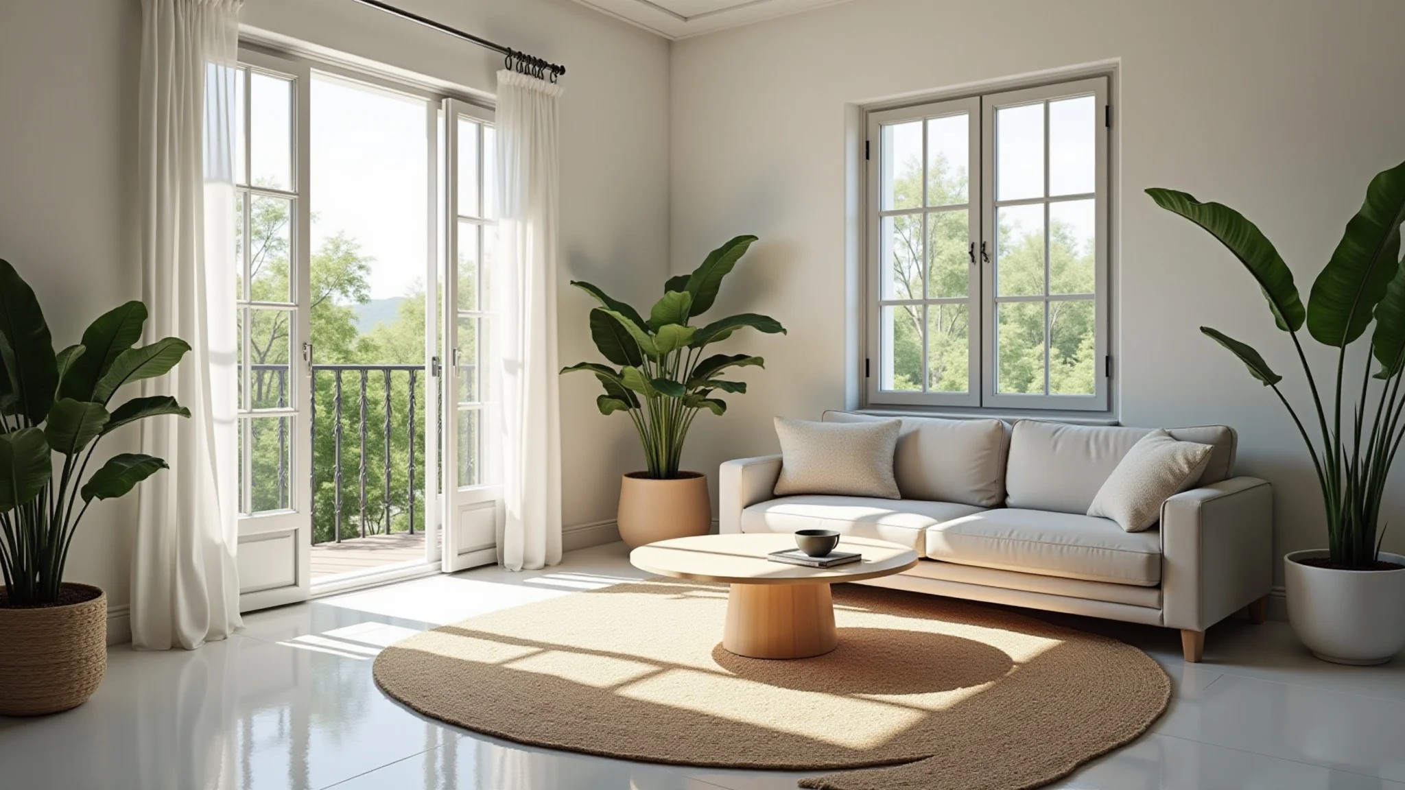 Sala de estar com paredes brancas, plantas e luz natural, seguindo o feng shui.