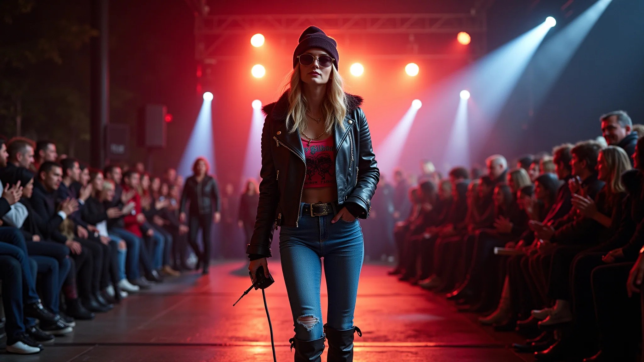 Look para festival de rock no inverno: jaqueta de couro, jeans, camiseta de banda e bota.
